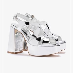 NEW • Larroude • Women’s Bee Sandal Heels Silver Specchio 7